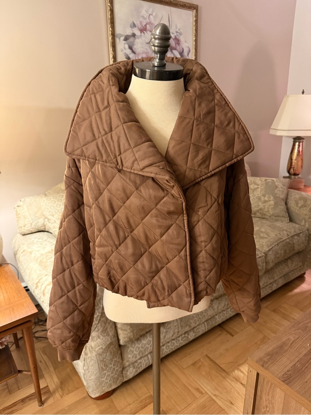 Blank NYC Quilted Brown Cropped Puffer Jacket with Wide Collar